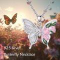 wholesale 925 Sterling Silver Pink Opal and Green Moss Agate Butterfly Flower Pendant Necklace-0-4