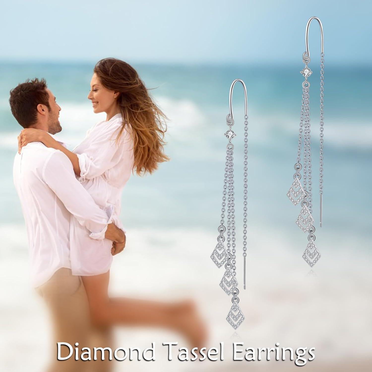 925 Sterling Silver Geometric Cubic Zirconia Shape Threader Dangle Drop Earrings with Chain and CZ Stones for Women-0-2