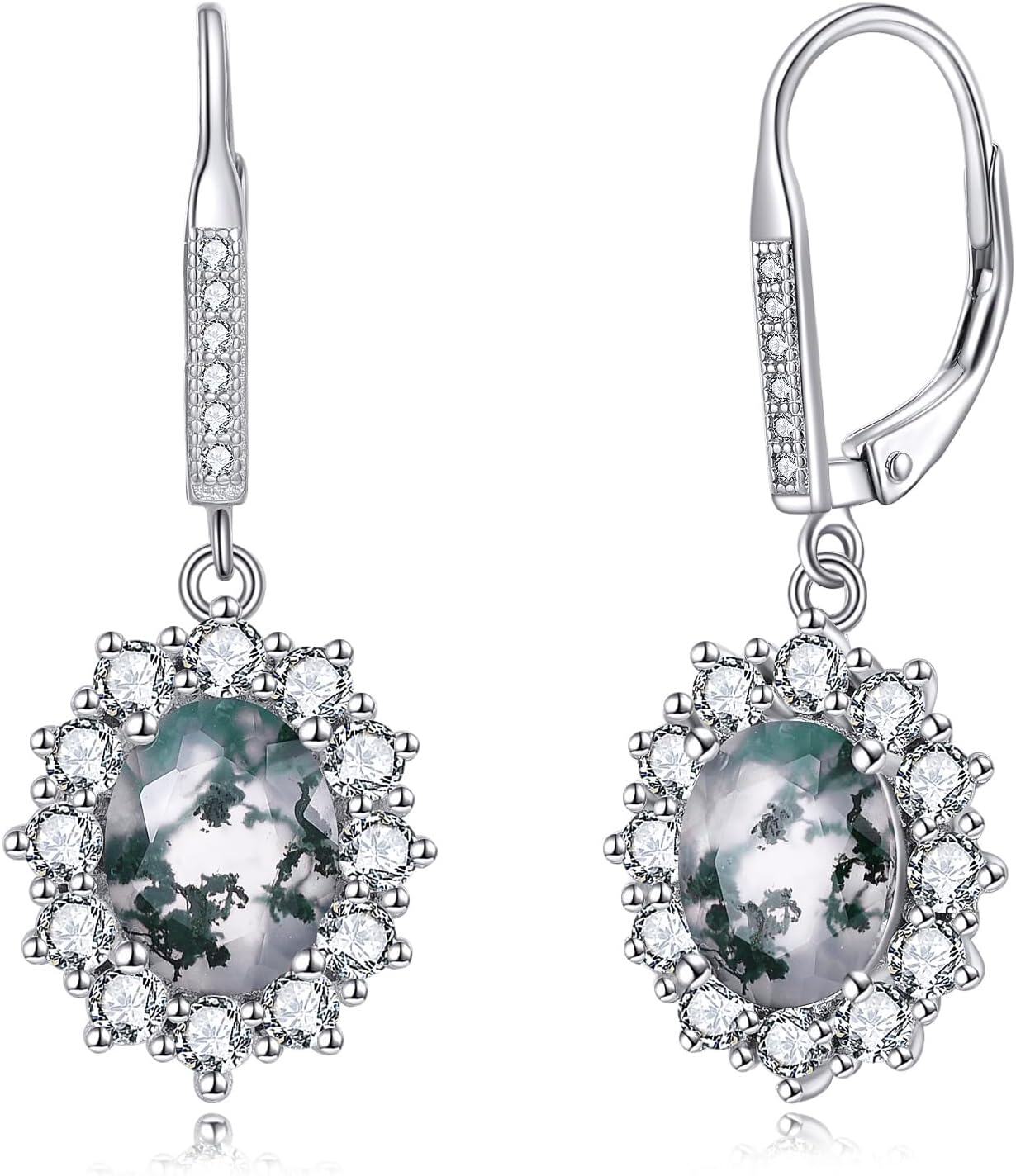 wholesale 925 Sterling Silver Oval Cut Birthstone Dangle Leverback Earrings for Women Mom-Moss Agate Earrings