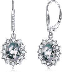 wholesale Sterling Silver Oval Cut Birthstone Dangle Leverback Earrings for Women Mom-Moss Agate Earrings