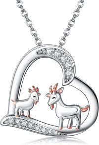 wholesale 925 Sterling Silver Heart-Shaped Necklace with Two Goats Pendant for Women Girls Mothers' Day Gift-Goat