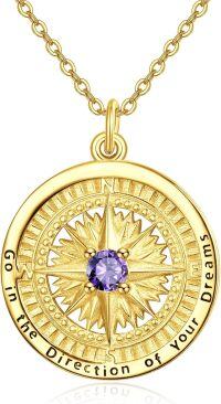 wholesale 925 Sterling Silver & Birthstone Gold Compass Pendant Necklace 24mm 0.94 Inch 45cm Chain-F02-June