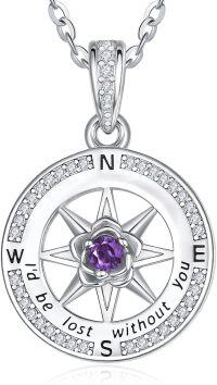 wholesale Sterling Silver Birthstone Compass Necklace for Women Gift Idea-02-Feb