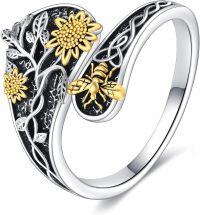 wholesale 925 Sterling Silver Sunflower Hummingbird Vintage Adjustable Spoon Ring Wide Thumb Ring for Women-Sunflower