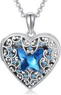 wholesale 925 Sterling Silver Blue Crystal Heart Lockets Necklaces for Women and Girls with Chain 45cm Length-0-0