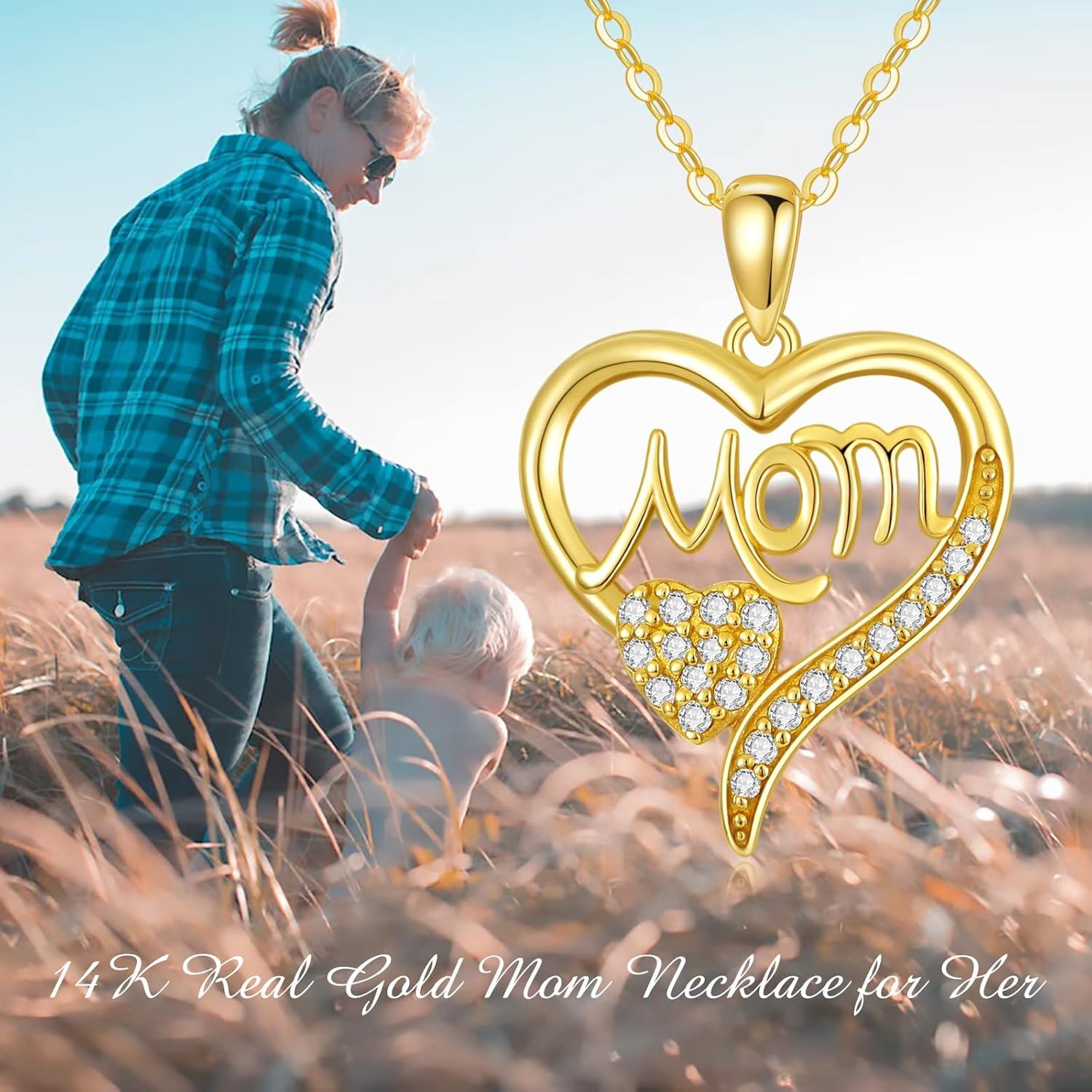 wholesale 14K Gold Mom Heart Pendant Necklace with Cubic Zirconia - Gift for Mother's Day-0-1