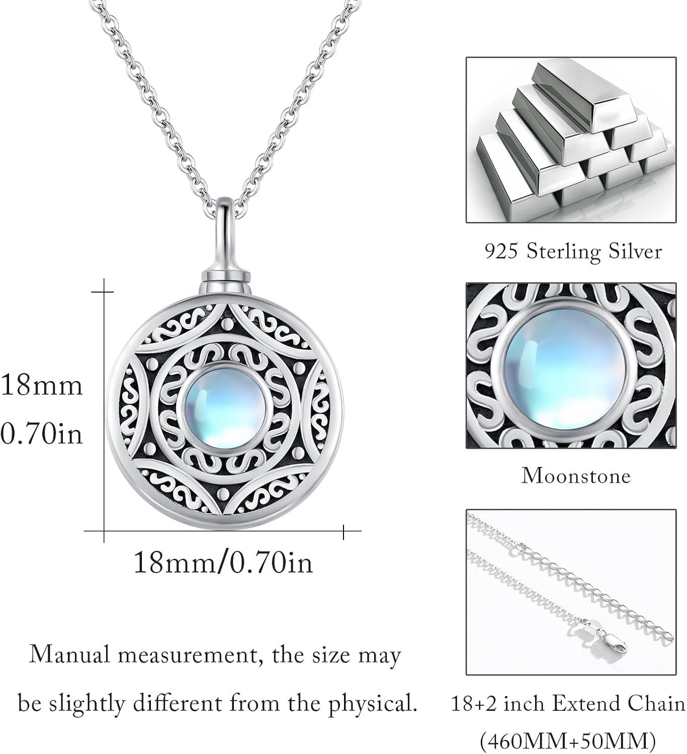 Sterling Silver Moonstone Urn Necklace Cremation Memorial Jewelry for Women Men-0-4
