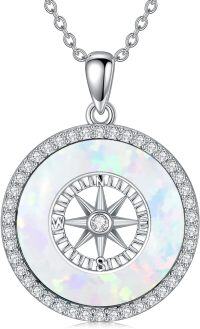 wholesale Sterling Silver Stone Compass Pendant Necklace Women s Graduation Jewelry Gift-C-White Opal