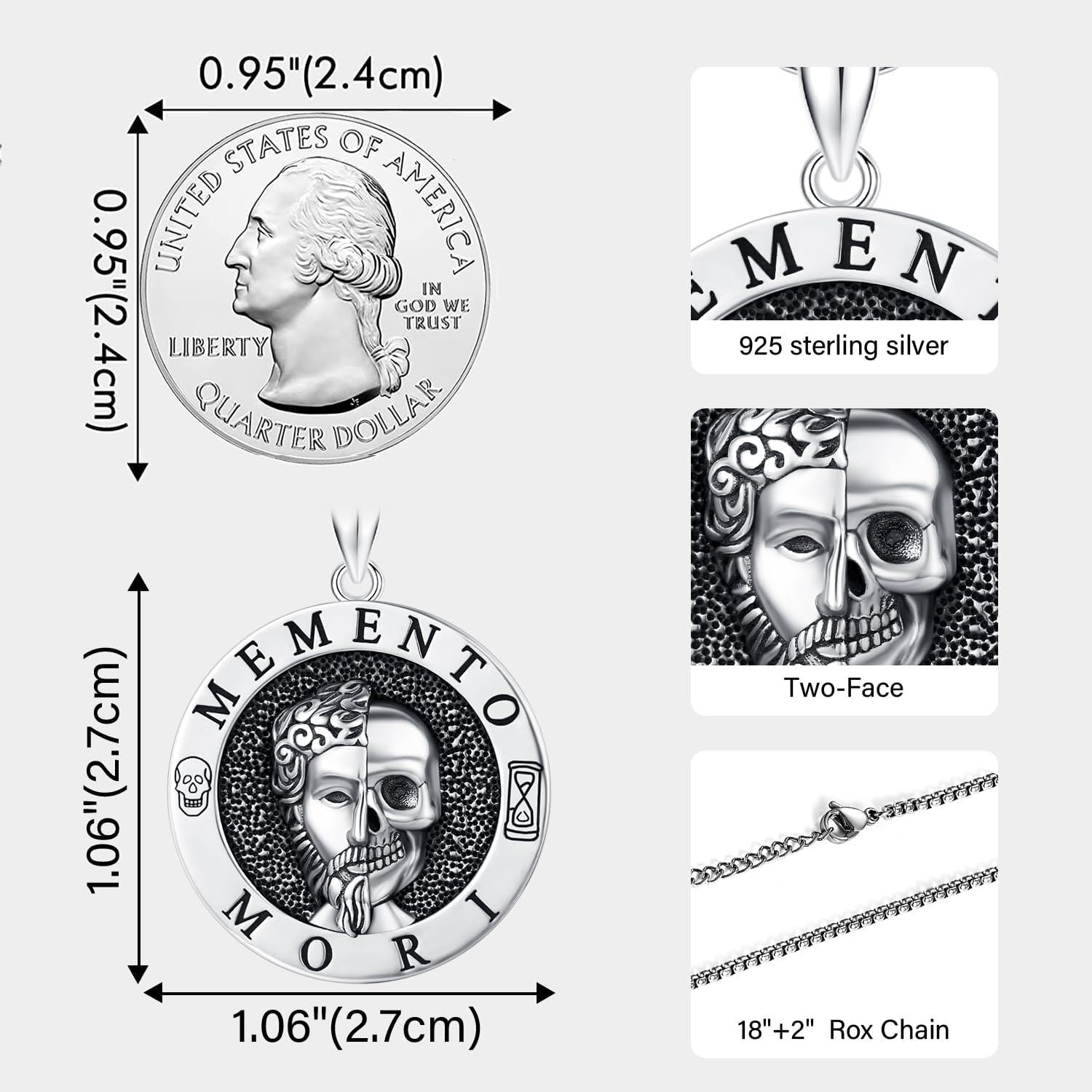 Sterling Silver Stone Marcus Aurelius Skull Memento Mori Necklace-0-6