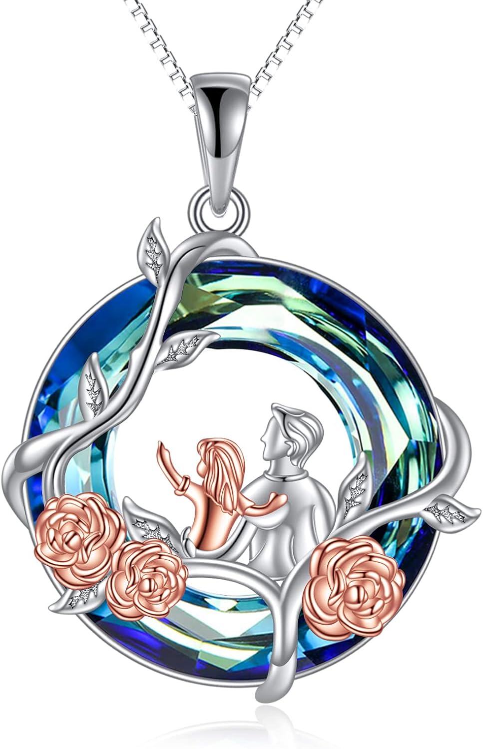 Sterling Silver Blue Crystal Mother and Children Rose Flower Necklace Gift for Mom-0-0