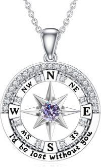 wholesale Sterling Silver Compass Birthstone Necklace  I d Be Lost Without You Pendant Jewelry for Women-Light Purple