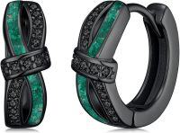 wholesale Black 925 Sterling Silver Emerald Stone Hoop Earrings 15mm Hypoallergenic  for Women and Men-Black-Malachite