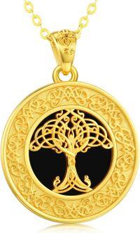 wholesale Gold 925 Sterling Silver Celtic Knot Tree Of Life Pendant Necklace with Black Onyx Stone and Yellow Gold Plated Chain 24-Tree of Life