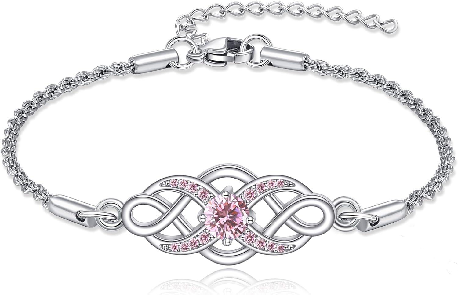 Sterling Silver Irish Birthstone Celtic Knot Infinity Bracelet-10-Oct-Pink Tourmaline