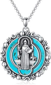 wholesale 925 Sterling Silver Natural Turquoise Saint Christopher Pendant Necklace for Women Men 18K Gold Plated Chain -C. St Benedict
