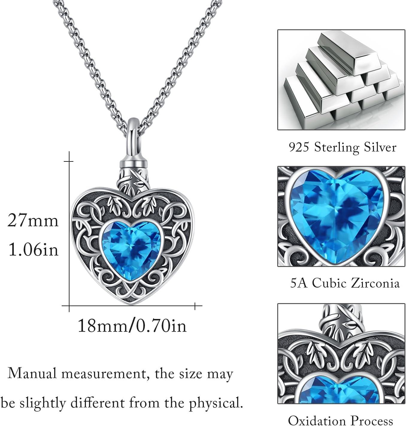 925 Sterling Silver Heart-Shaped Blue Crystal Tree of Life Cremation Jewelry Urn Necklace with Funnel and Fill Tool for Women & Men-0-1