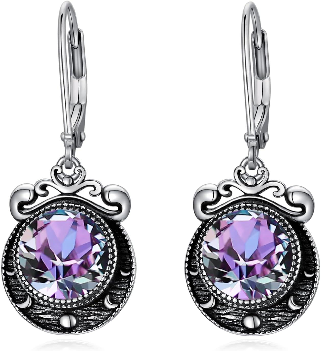 925 Sterling Silver Purple Crystal Drop Dangle Leverback Earrings 3cm Long-0-0