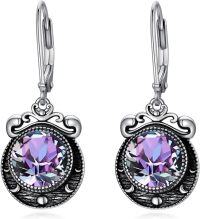 wholesale Sterling Silver Amethyst Ruby Sapphire Emerald Moonstone Moon Phase Leverback Earrings-Purple B