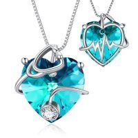 wholesale 925 Sterling Silver Heart Pendant Necklace Wholesale With Red Crystal-925 Silver#03-March-Aquamarine