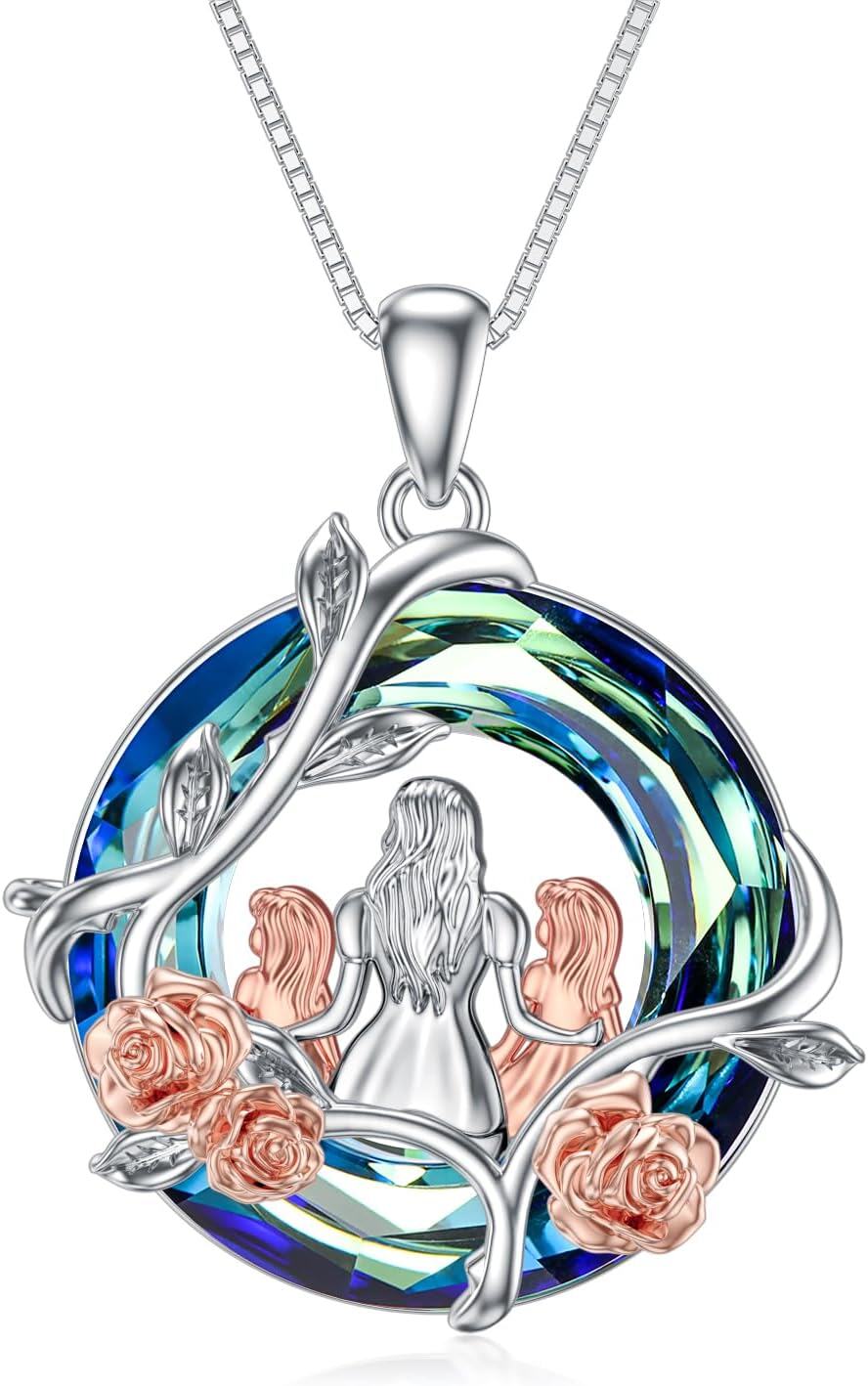 Sterling Silver Blue Crystal Mother and Children Rose Flower Necklace Gift for Mom-A-Mother Daughter 2