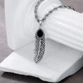 wholesale 925 Sterling Silver Feather Shape Black Onyx Stone Mens Womens Pendant Necklaces-0-1