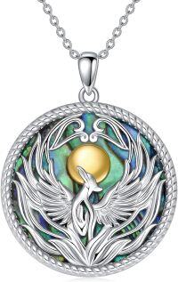 wholesale 925 Sterling Silver Green Abalone Shell Phoenix Bird Round Pendant Necklace for Women-Phoenix