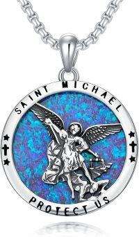 wholesale 925 Sterling Silver Blue Opal St Michael Protect Us Medal Pendant Necklace-Saint Michael