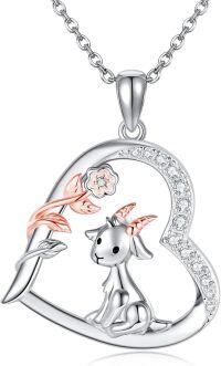 wholesale 925 Sterling Silver Heart-Shaped Moon with Rose Gold Flower and Goat Charm Necklace for Women - 925 Sterling Silver s for Goats Lovers-goat