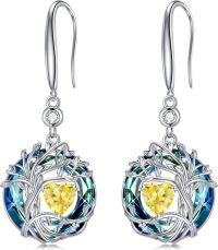 wholesale 925 Sterling Silver Austrian Crystal Tree of Life Birthstone Dangle Earrings for Women-11-Nov-Citrine