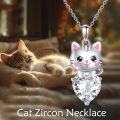 wholesale 925 Sterling Silver Cat Pendant with Heart-Shaped Crystal Stone - Cute Animal Charm Necklace for Girls and Boys-0-2