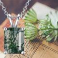 wholesale 925 Sterling Silver & 14k Gold Plated Emerald Cut Moss Agate Pendant Necklace - Natural Green Stone Jewelry for Women-0-2