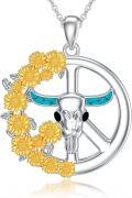 wholesale 925 Sterling Silver Turquoise Sunflower Western Cow Skull Pendant Necklace-0-0