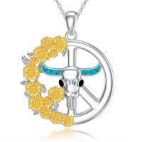 wholesale 925 Sterling Silver Turquoise Sunflower Western Cow Skull Pendant Necklace-Peace Sign