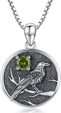 wholesale Silver Synthetic Stone Raven Pendant Crow Round Necklace Gift for Women-August - Peridot