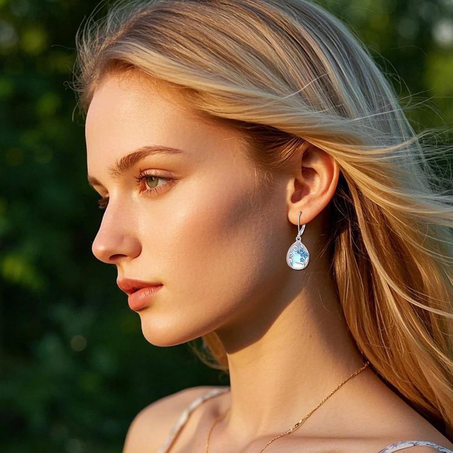 wholesale 925 Sterling Silver Teardrop Moonstone Earring with Blue Flower and Tree Design-0-1