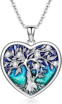 wholesale 925 Sterling Silver Heart-Shaped Tree of Life Pendant Necklace with Blue and Green Enamel & Cubic Zirconia Stones - Mother Daughter Family Tree s for Women-Mother and 1 Child