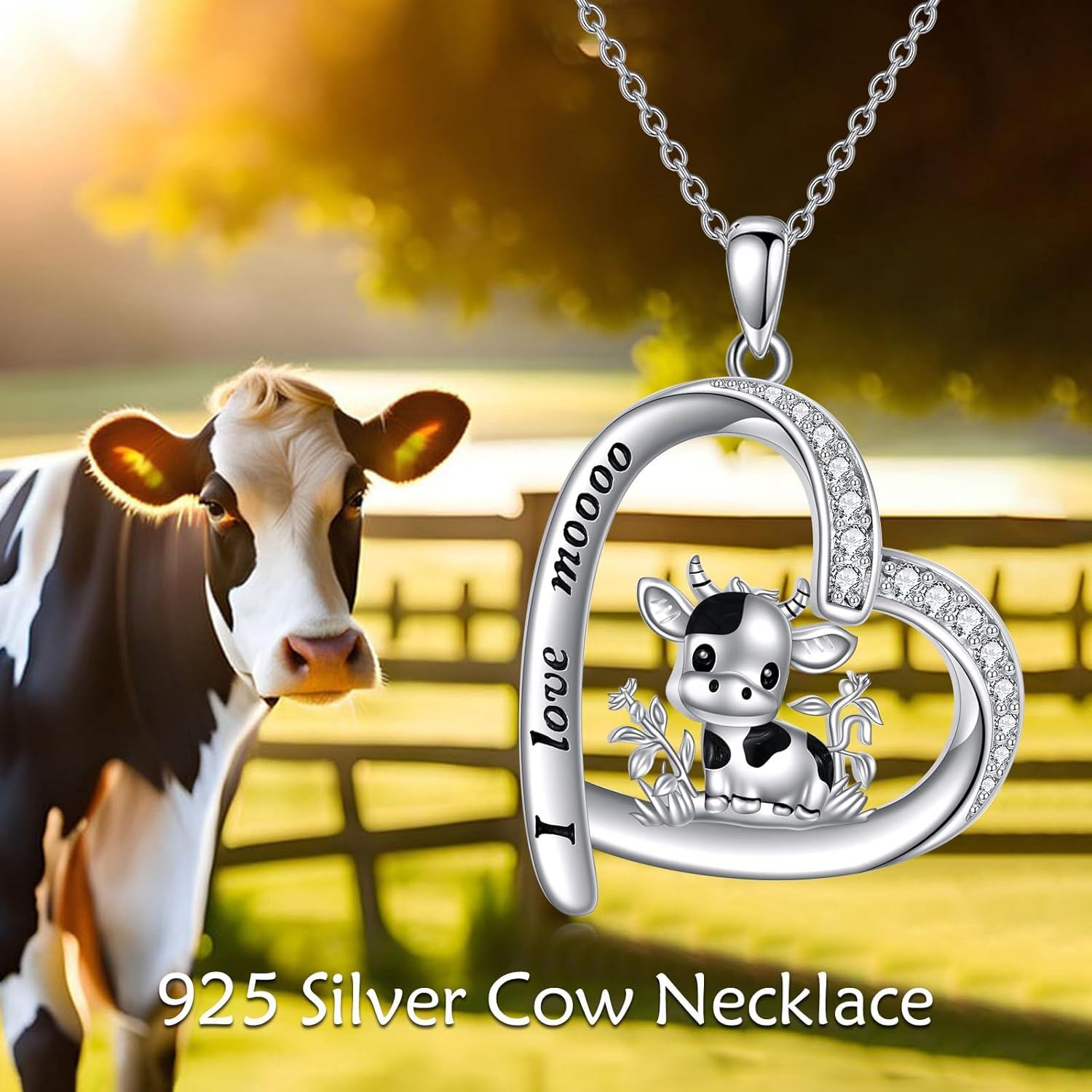 Sterling Silver Heart Pendant Necklace with Cute Animal Charms (Cow Squirrel Guinea Pig Bulldog Axolotl) for Women Teens-0-6