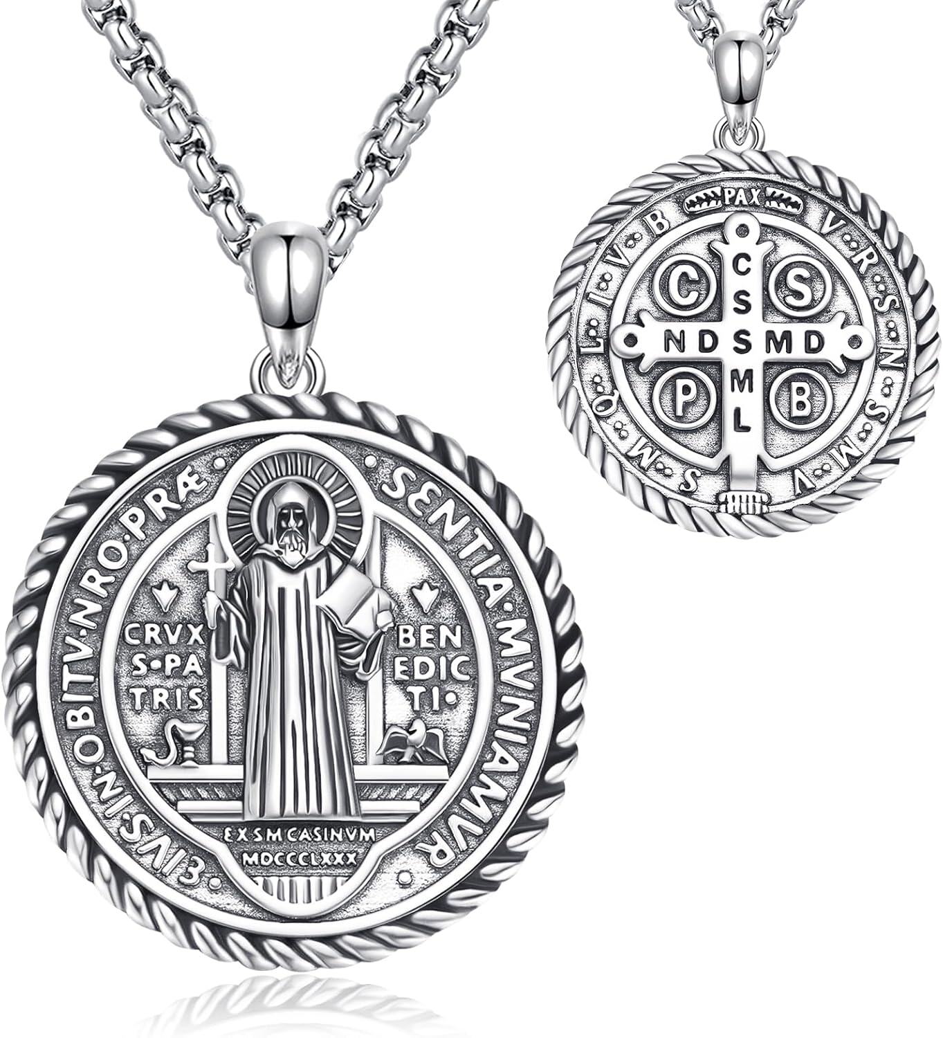 Sterling Silver Catholic Medal Necklace St Michael Christopher Benedict Virgin Mary Amulet Pendant for Men Women-St Benedict