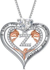 wholesale Sterling Silver Rose Pendant Necklace A Z Initial Letter Heart Jewelry for Women Valentine Mother s Day Birthday Gifts for Her-Letter Z