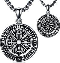 wholesale 925 Sterling Silver Vegvisir Compass Pendant - Nordic Amulet Necklace for Men -C-Viking Vegvísir & Sun Black