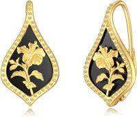 wholesale 925 Sterling Silver Black Onyx Teardrop Floral Drop Earrings with Gold Plated Accents for Women and Teen Girls-Hibiscus Flower Earrings