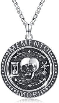 wholesale 925 Sterling Silver Round Skull & Hourglass Pendant Necklaces - Gothic Memento Mori s for Men and Women-Silver Memento Mori