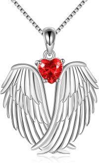 wholesale Sterling Silver Birthstone Angel Wings Pendant Necklace-January-Red