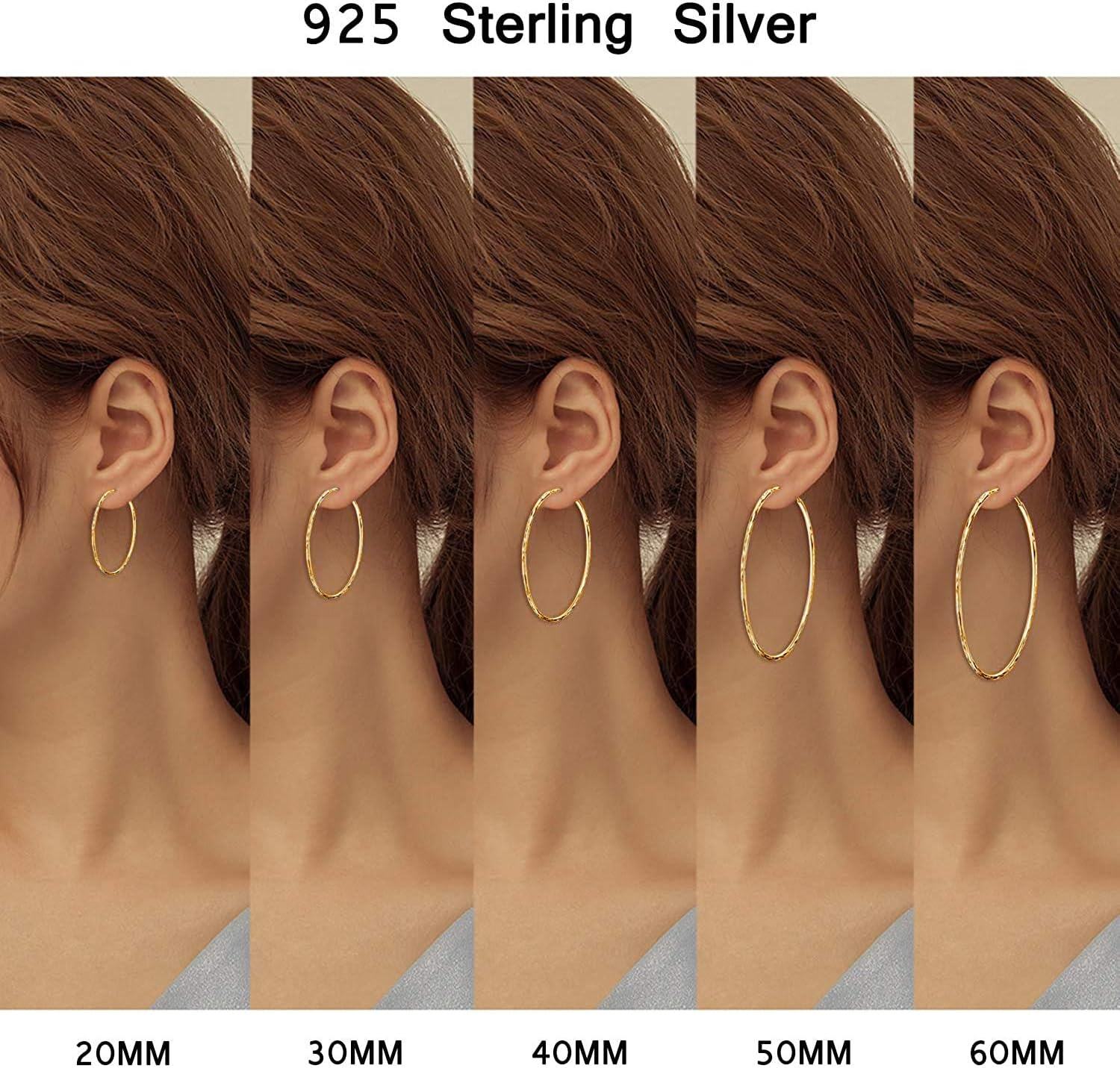 Gold 925 Sterling Silver Diamond Cut Circle Endless Hoop Earrings for Women - 3 Pairs (20 mm)-0-1