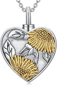 wholesale Silver Heart Hummingbird Sunflower Urn Necklace for Ashes - 925 Sterling Silver & Gold Plated Pendant with Moonstone and Turquoise Elements-Non-custom-Hummingbird Sunflower Non-custom-Hummingbird Sunflower