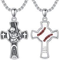 wholesale 925 Sterling Silver Baseball Player Sports Cross Necklace with Philippians 4:13 Pendant for Men-Baseball Cross