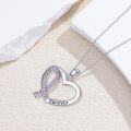 wholesale 925 Sterling Silver Heart-Shaped Survivor Ribbon Pendant Necklace with Pink Stones-0-1