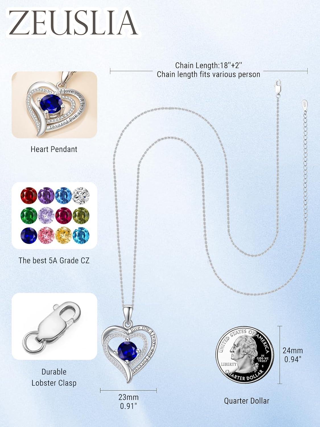 Sterling Silver White Gold Heart Pendant Necklace w Birthstone for Women-0-3