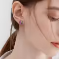 wholesale 925 Sterling Silver Black Cat on Crescent Moon Stud Earrings with Stars and Purple Glitter-0-3