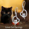 wholesale 925 Sterling Silver Black Cat in Heart Shape Drop Earrings with Cubic Zirconia Stones for Women Girls  4cm Long-0-4